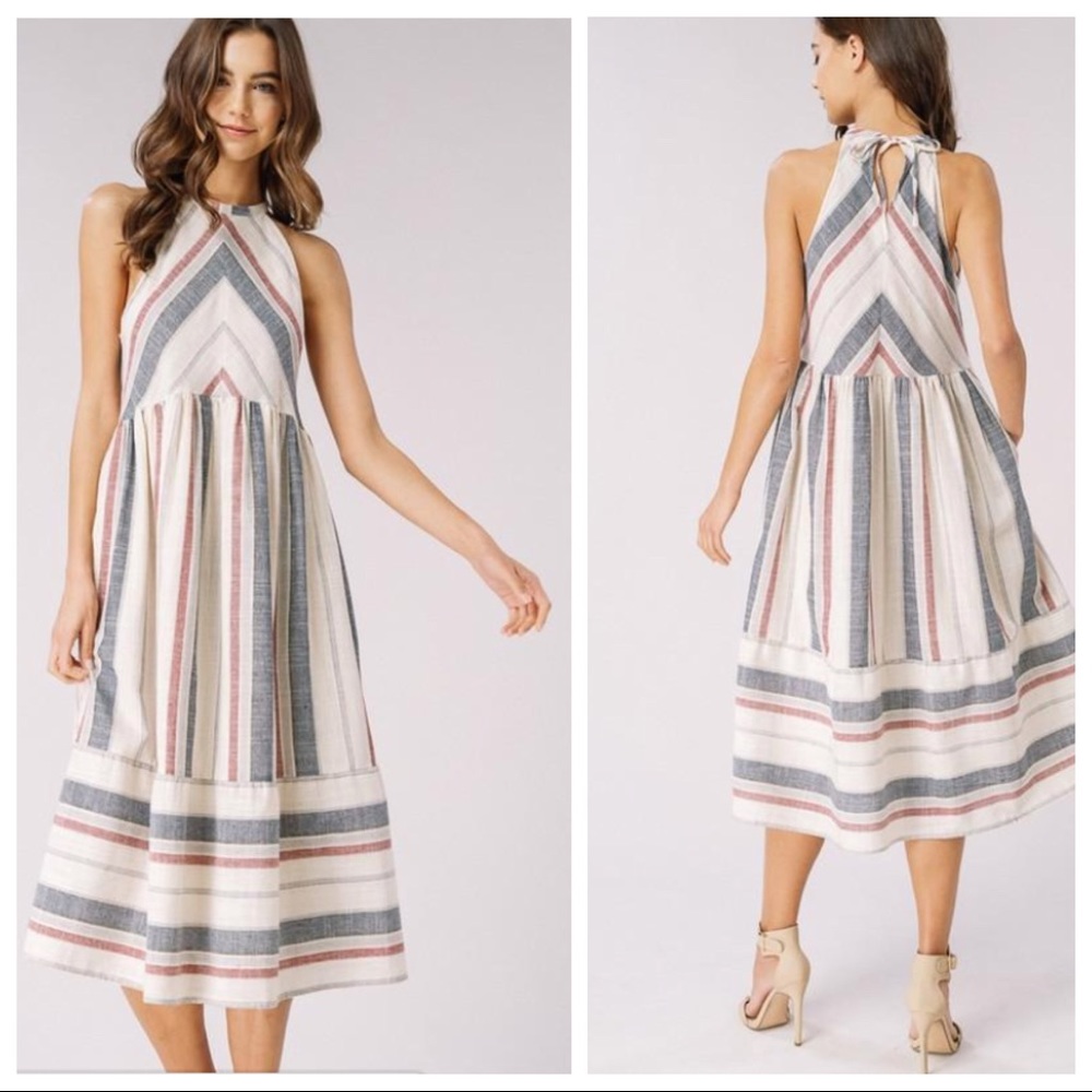 Striped Natural Cotton Halter Dress w/Pockets